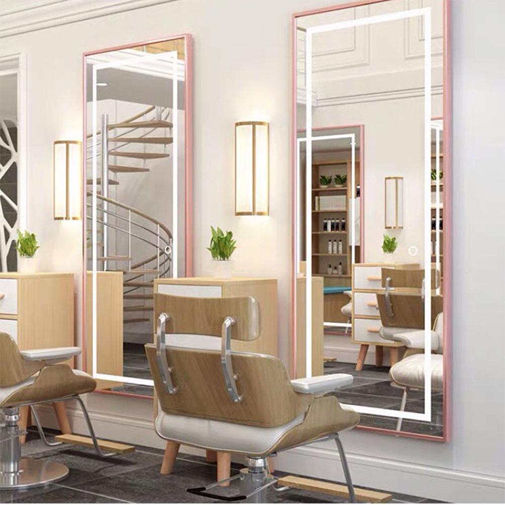 Tủ gương đèn led góc phải màu hồng cho gương làm tóc có gương tạo kiểu cửa