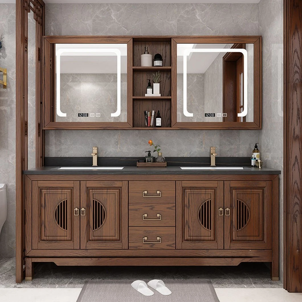 Phong cách Trung Quốc Sàn nhà sang trọng Tủ phòng tắm bằng gỗ Tủ trang điểm bồn rửa đôi bằng đá cẩm thạch