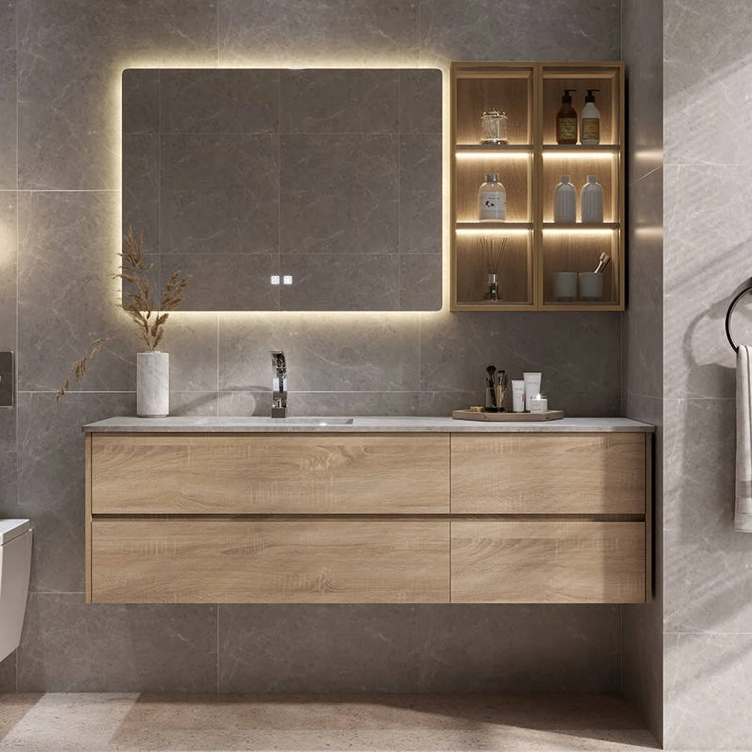 Nhà máy tùy chỉnh phòng tắm giá rẻ Vanity Set LED Tủ phòng tắm bằng gỗ chống nước Gương LED Tủ gương thông minh