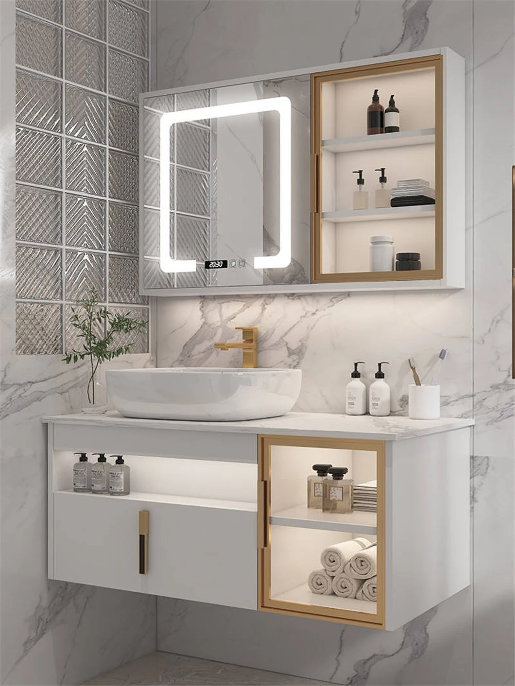 Phòng tắm hiện đại của khách sạn Bồn rửa đôi Vanity Tủ phòng tắm bằng gỗ không thấm nước với tủ gương thông minh