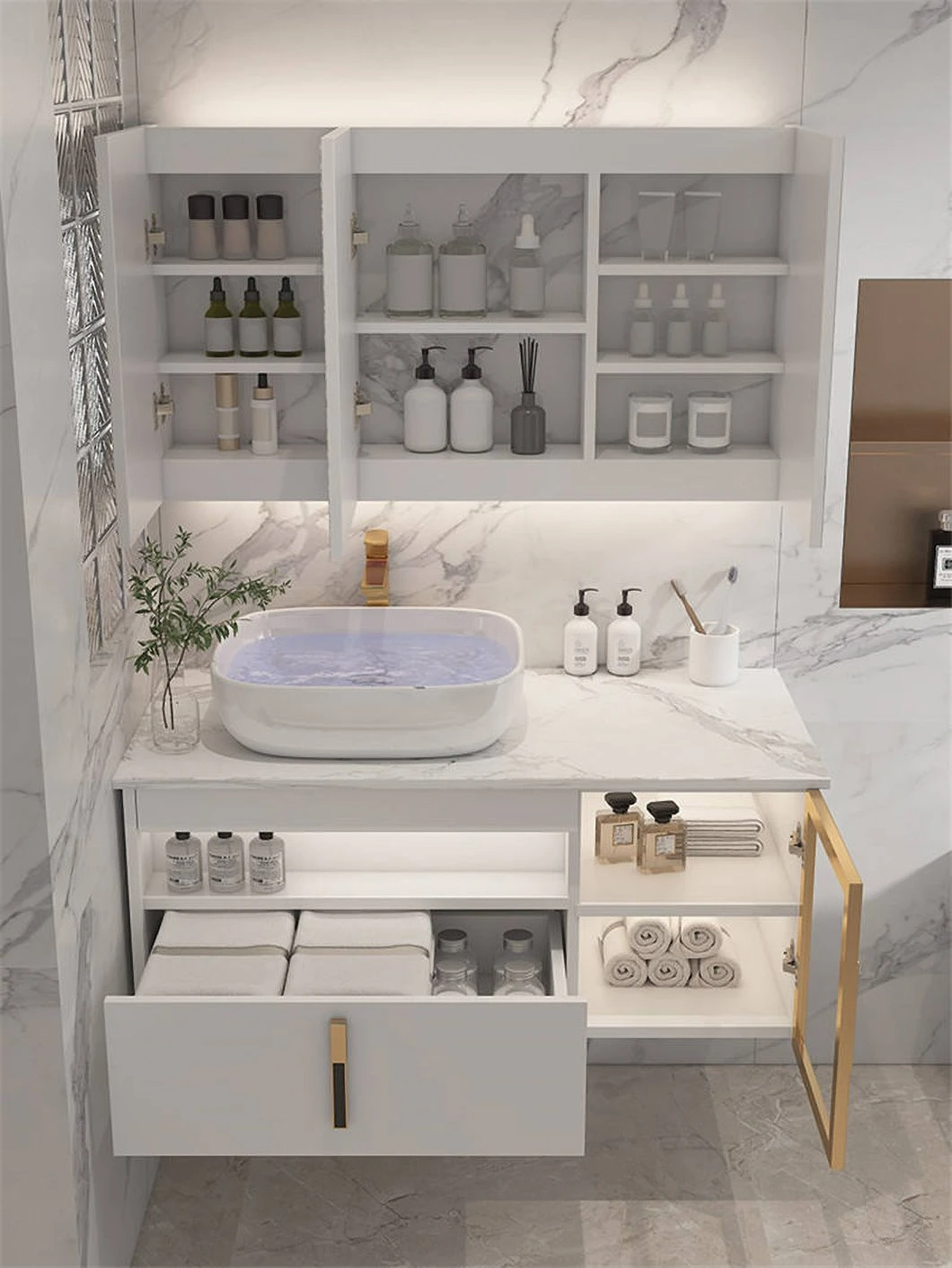 Phòng tắm hiện đại của khách sạn Bồn rửa đôi Vanity Tủ phòng tắm bằng gỗ không thấm nước với tủ gương thông minh