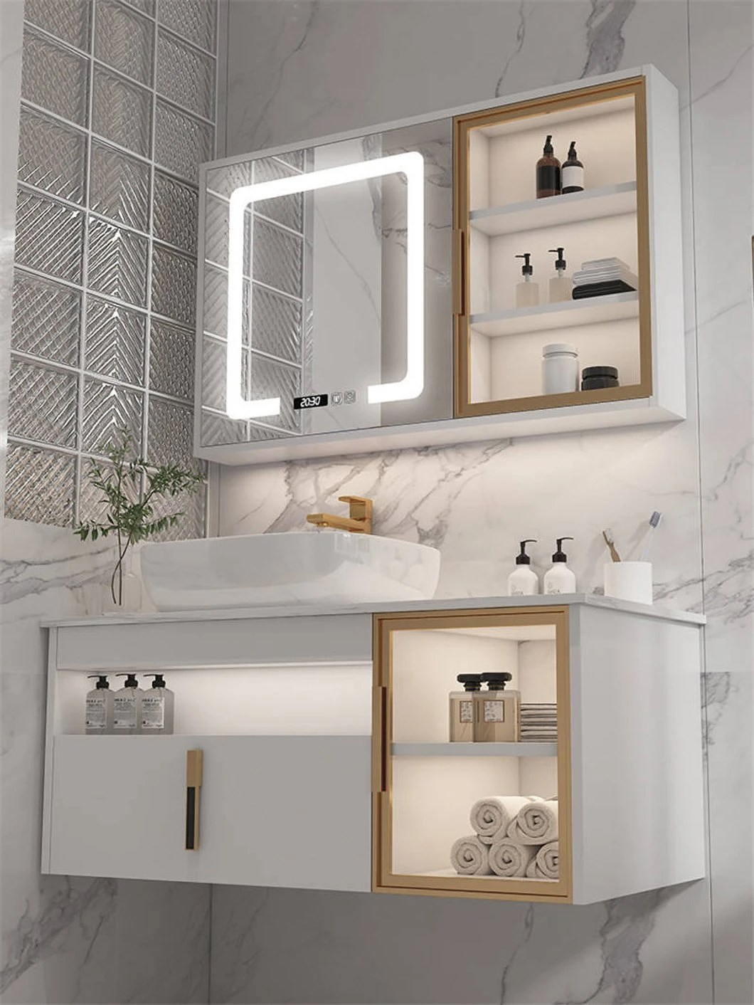 Phòng tắm hiện đại của khách sạn Bồn rửa đôi Vanity Tủ phòng tắm bằng gỗ không thấm nước với tủ gương thông minh