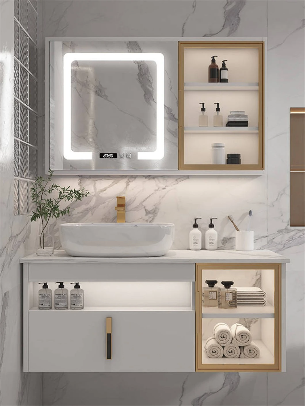 Phòng tắm hiện đại của khách sạn Bồn rửa đôi Vanity Tủ phòng tắm bằng gỗ không thấm nước với tủ gương thông minh
