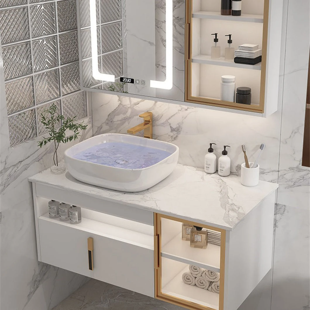 Phòng tắm hiện đại của khách sạn Bồn rửa đôi Vanity Tủ phòng tắm bằng gỗ không thấm nước với tủ gương thông minh