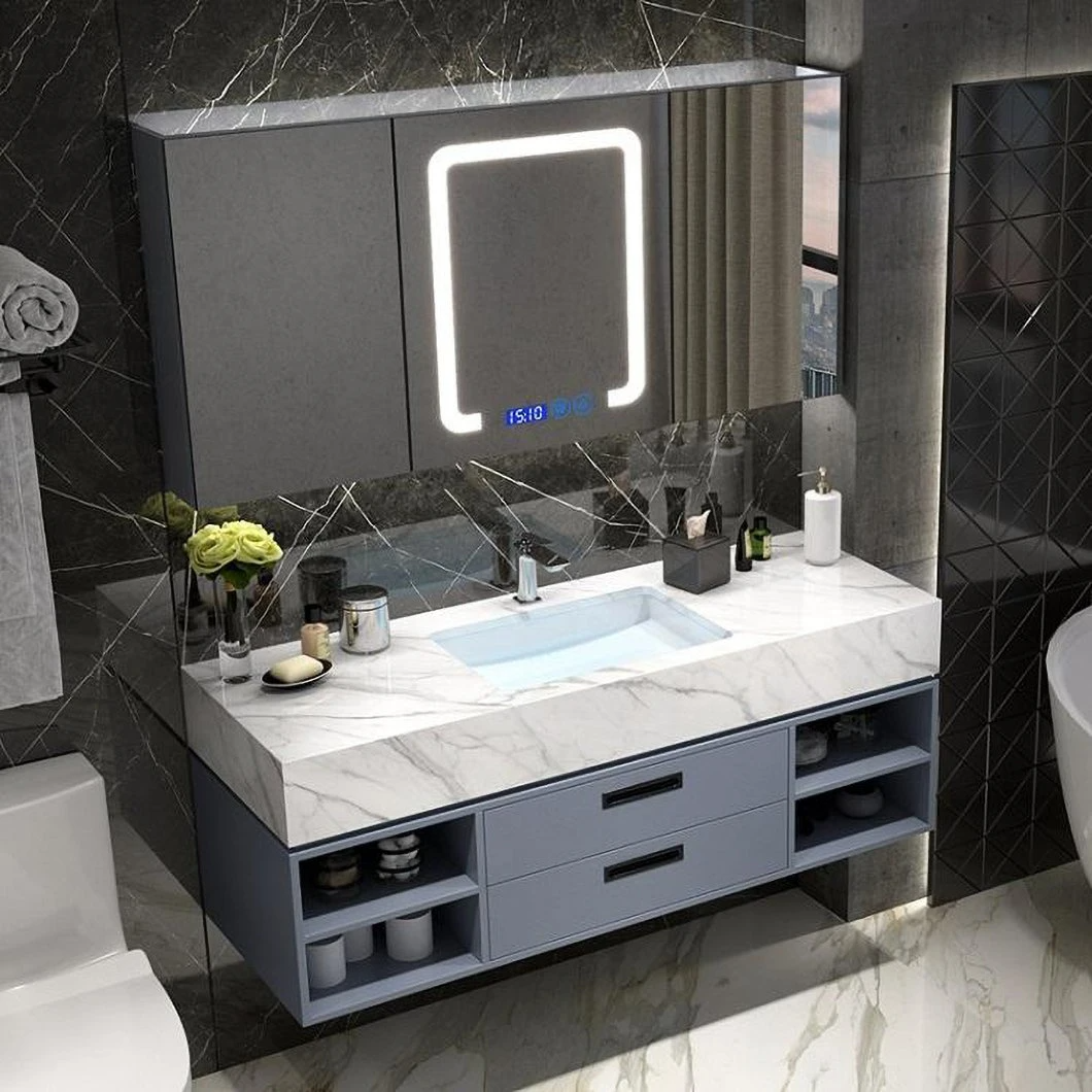 Bộ bồn rửa đôi nổi phòng tắm màu xanh sang trọng Tủ lưu trữ phòng tắm chống nước hiện đại với tủ gương thông minh