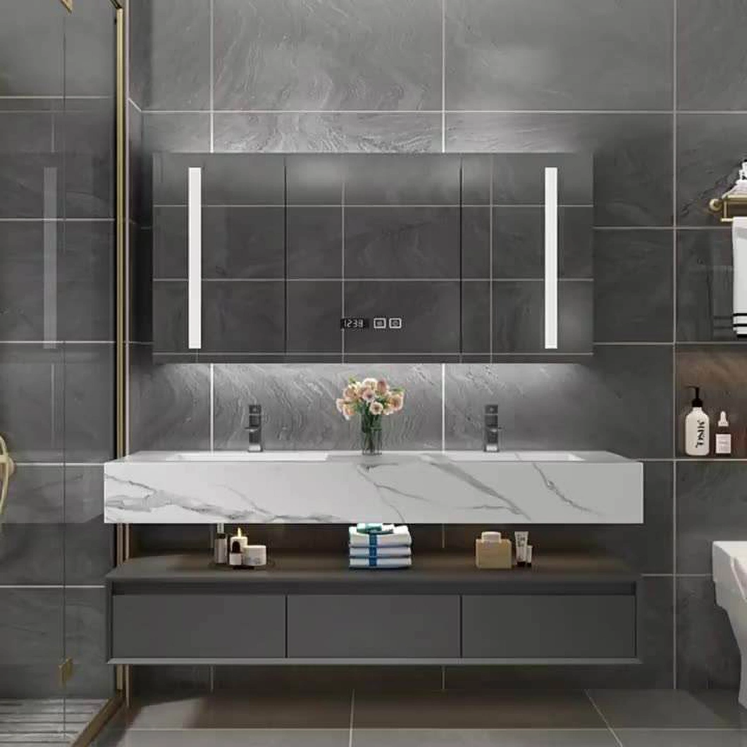 Phòng tắm bằng đá cẩm thạch sang trọng Tủ chậu rửa đôi Tủ phòng tắm bằng nhôm có tủ gương