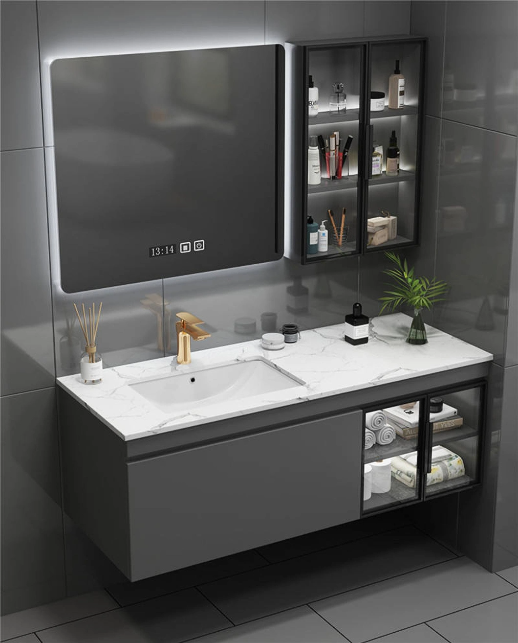 Nhà vệ sinh chung cư hiện đại Nhôm chống nước Tủ lưu trữ nổi Tủ trang điểm Tủ phòng tắm bằng gỗ có gương