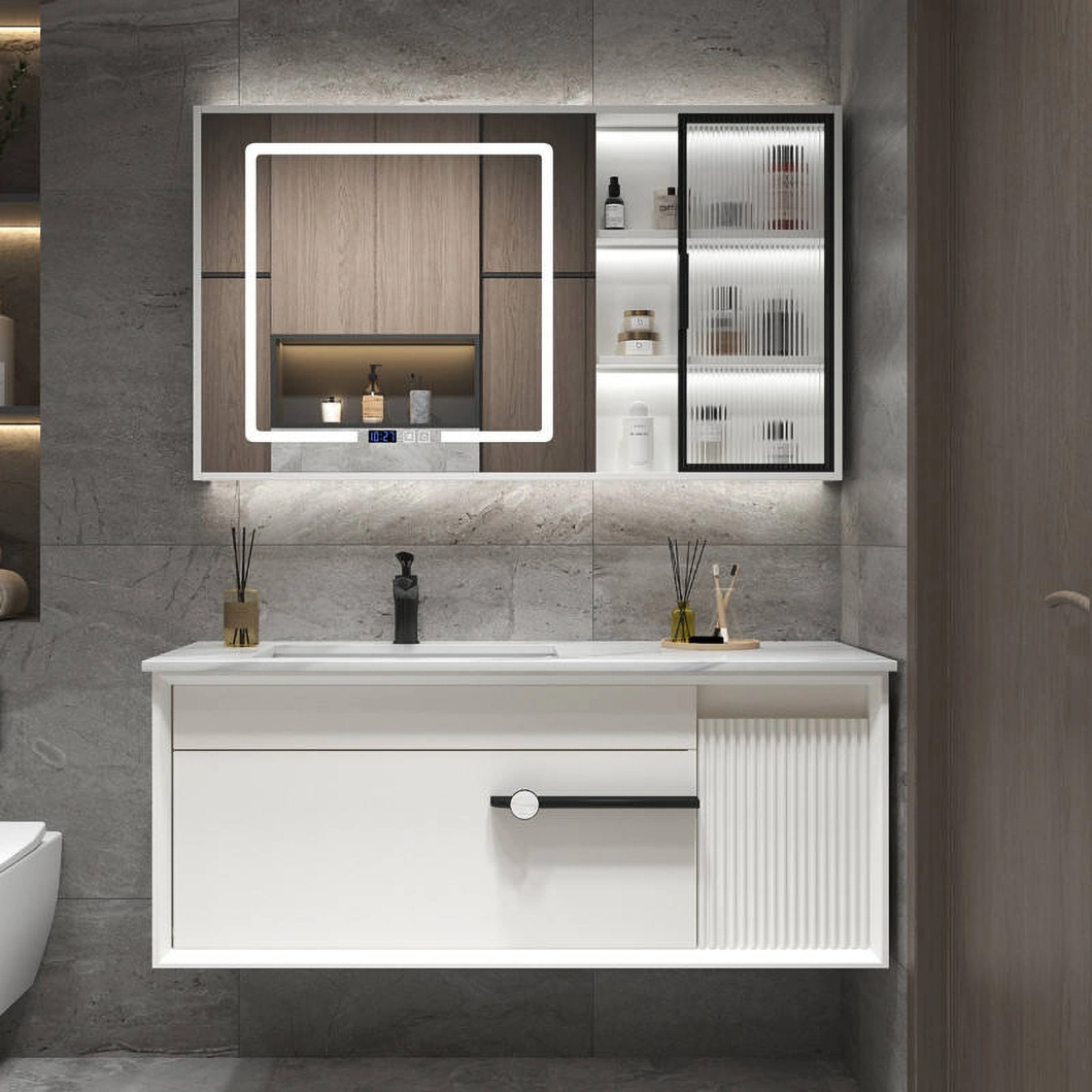 Bộ bàn trang điểm sang trọng hiện đại với tủ phòng tắm bằng gỗ cứng màu đen bóng có gương LED