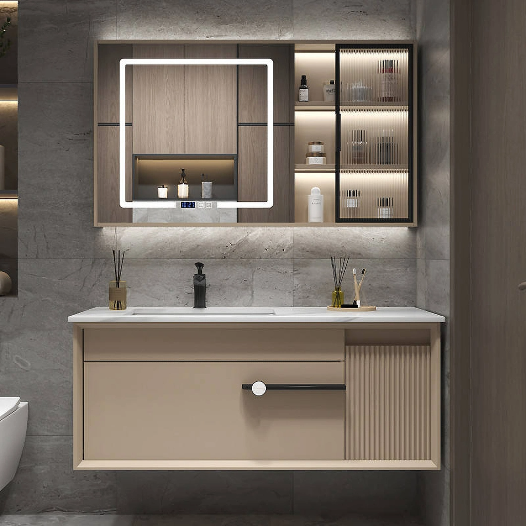 Bộ bàn trang điểm sang trọng hiện đại với tủ phòng tắm bằng gỗ cứng màu đen bóng có gương LED