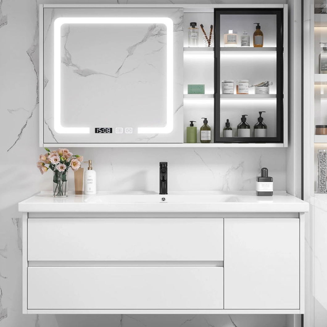 Tủ thuốc chống nước treo tường màu trắng hiện đại Phòng tắm Tủ trang điểm bằng gỗ sồi có tủ gương
