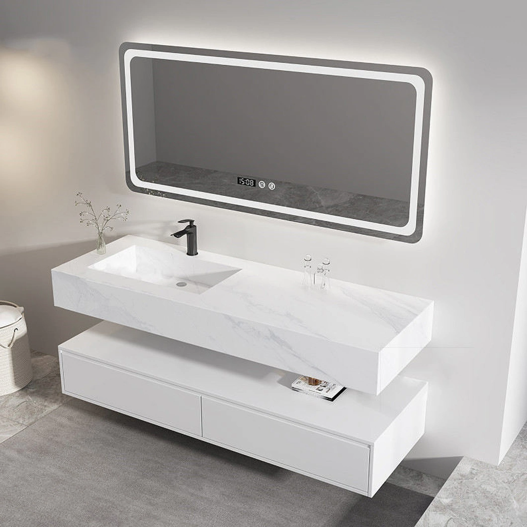 Mặt bàn bằng đá cẩm thạch hiện đại Bồn rửa đơn đôi Monobloc Tủ phòng tắm Phòng tắm bằng gỗ sồi Tủ gương thông minh