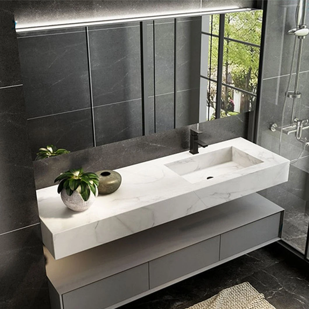 Mặt bàn bằng đá cẩm thạch hiện đại Bồn rửa đơn đôi Monobloc Tủ phòng tắm Phòng tắm bằng gỗ sồi Tủ gương thông minh