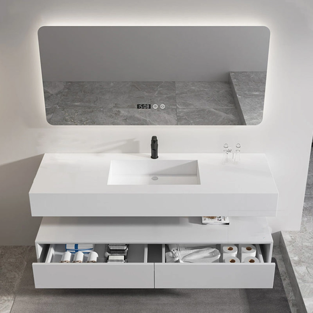Mặt bàn bằng đá cẩm thạch hiện đại Bồn rửa đơn đôi Monobloc Tủ phòng tắm Phòng tắm bằng gỗ sồi Tủ gương thông minh