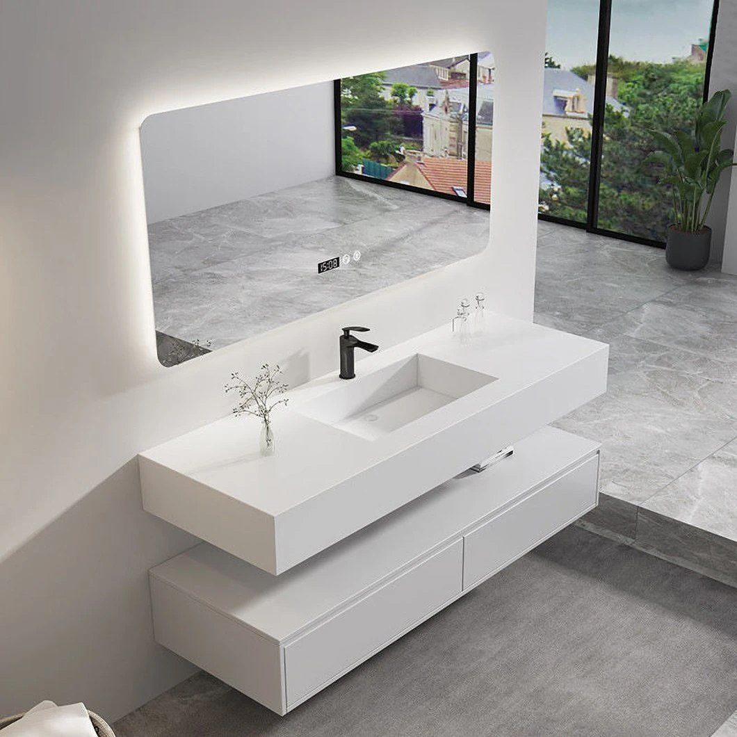 Mặt bàn bằng đá cẩm thạch hiện đại Bồn rửa đơn đôi Monobloc Tủ phòng tắm Phòng tắm bằng gỗ sồi Tủ gương thông minh