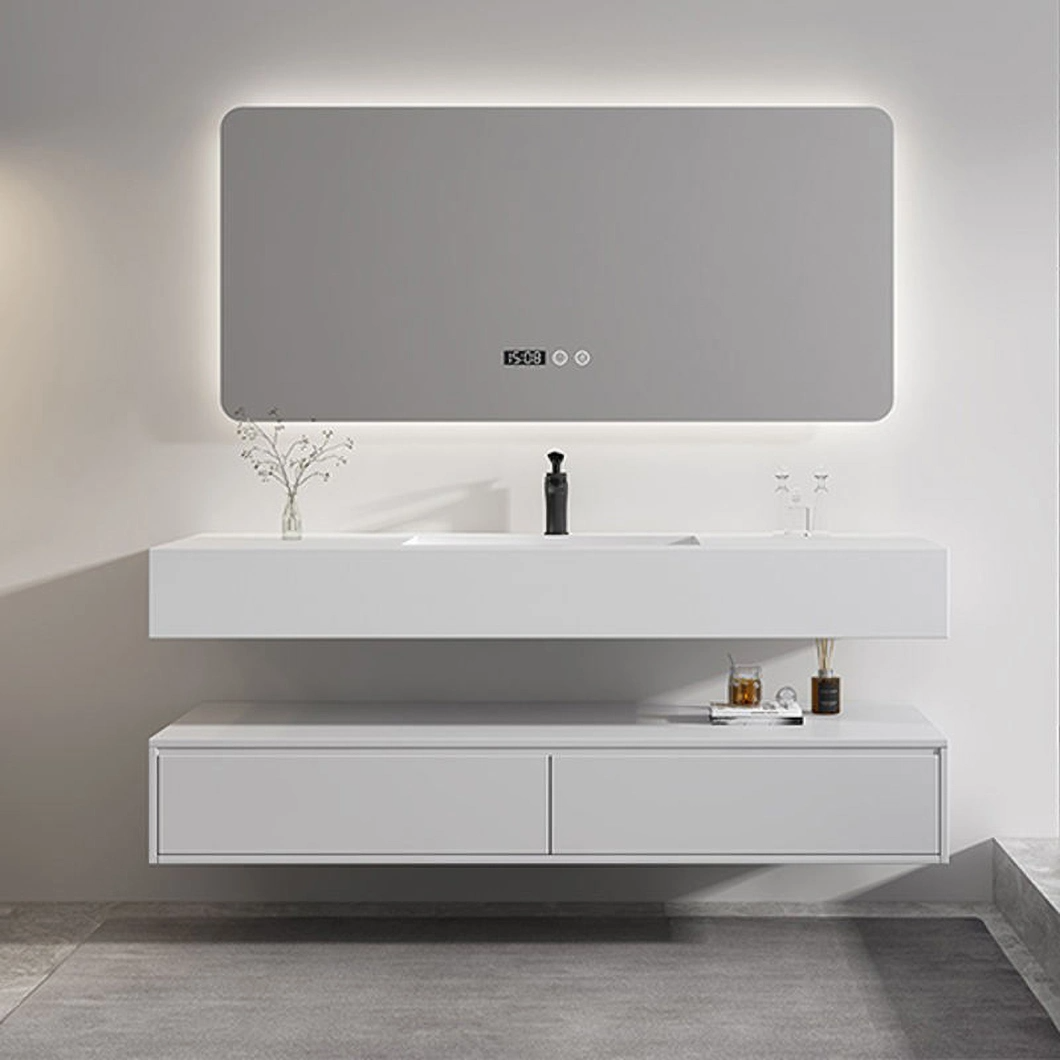 Mặt bàn bằng đá cẩm thạch hiện đại Bồn rửa đơn đôi Monobloc Tủ phòng tắm Phòng tắm bằng gỗ sồi Tủ gương thông minh