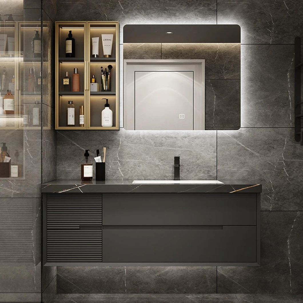 OEM Custom Marble Slate Light Sang trọng tối giản Phòng tắm bằng gỗ nguyên khối Chậu rửa mặt Tủ trang điểm phòng tắm có gương LED