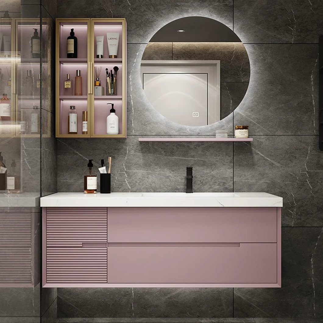 OEM Custom Marble Slate Light Sang trọng tối giản Phòng tắm bằng gỗ nguyên khối Chậu rửa mặt Tủ trang điểm phòng tắm có gương LED