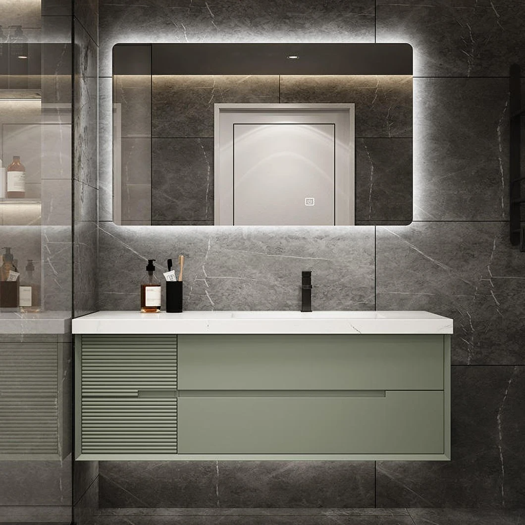 OEM Custom Marble Slate Light Sang trọng tối giản Phòng tắm bằng gỗ nguyên khối Chậu rửa mặt Tủ trang điểm phòng tắm có gương LED