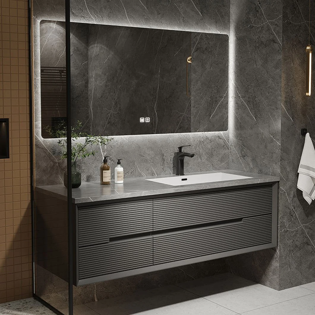 OEM Custom Marble Slate Light Sang trọng tối giản Phòng tắm bằng gỗ nguyên khối Chậu rửa mặt Tủ trang điểm phòng tắm có gương LED