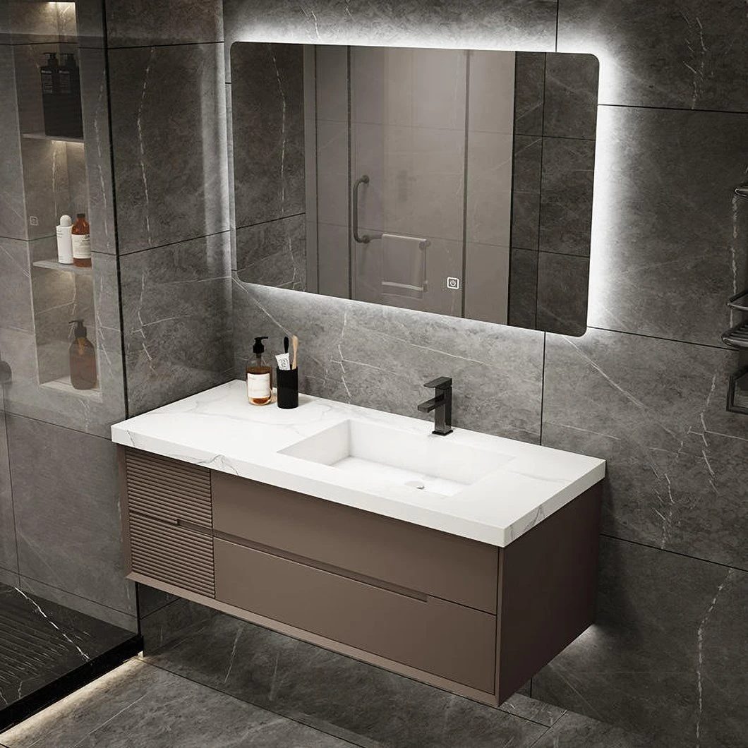 OEM Custom Marble Slate Light Sang trọng tối giản Phòng tắm bằng gỗ nguyên khối Chậu rửa mặt Tủ trang điểm phòng tắm có gương LED