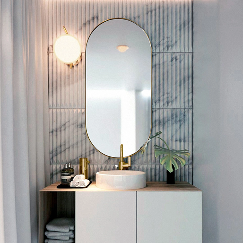Nhà máy treo tường bằng kim loại trang điểm Kính phòng tắm hình bầu dục Gương vàng Gương trang điểm mộc mạc