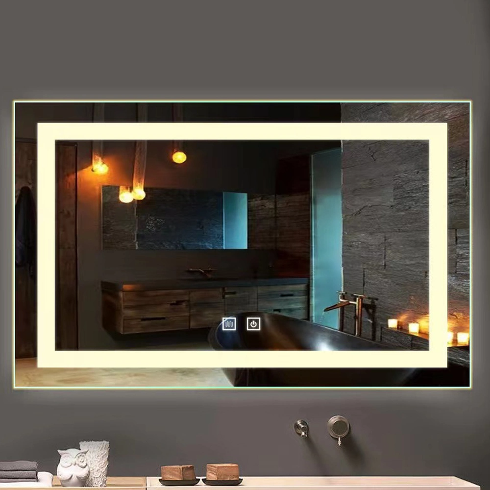 Thiết kế mới Gương trang trí nhà khách sạn treo tường 5 mm có đèn LED Gương phòng tắm 3000K-5000K có đèn LED với bộ khử sương mù có cảm biến cảm ứng