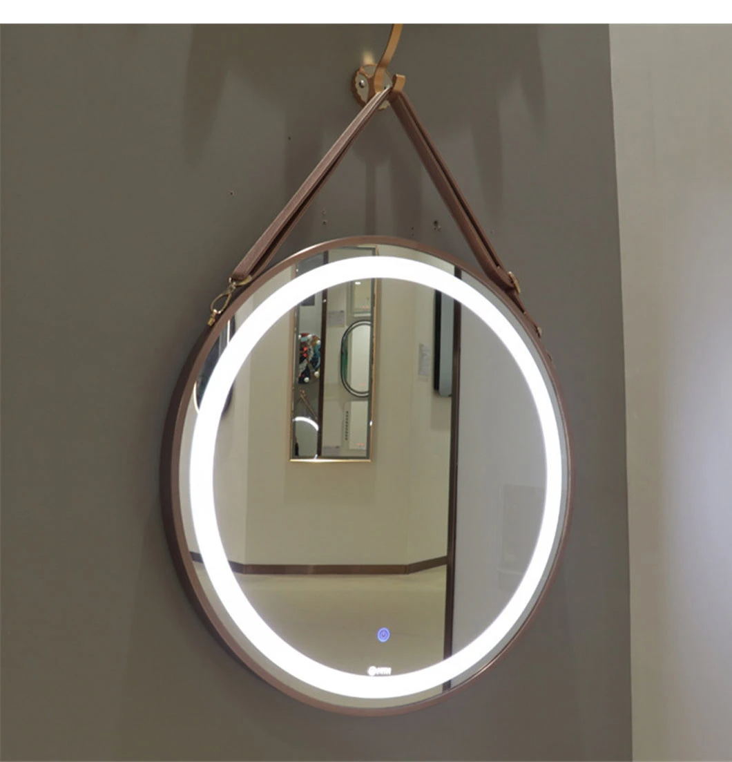 Gương tròn treo tường phòng tắm LED có dây đeo bằng da Gương thông minh Gương treo tường Trang trí nhà cửa Bluetooth Gương trang điểm Phụ kiện phòng tắm Nội thất salon
