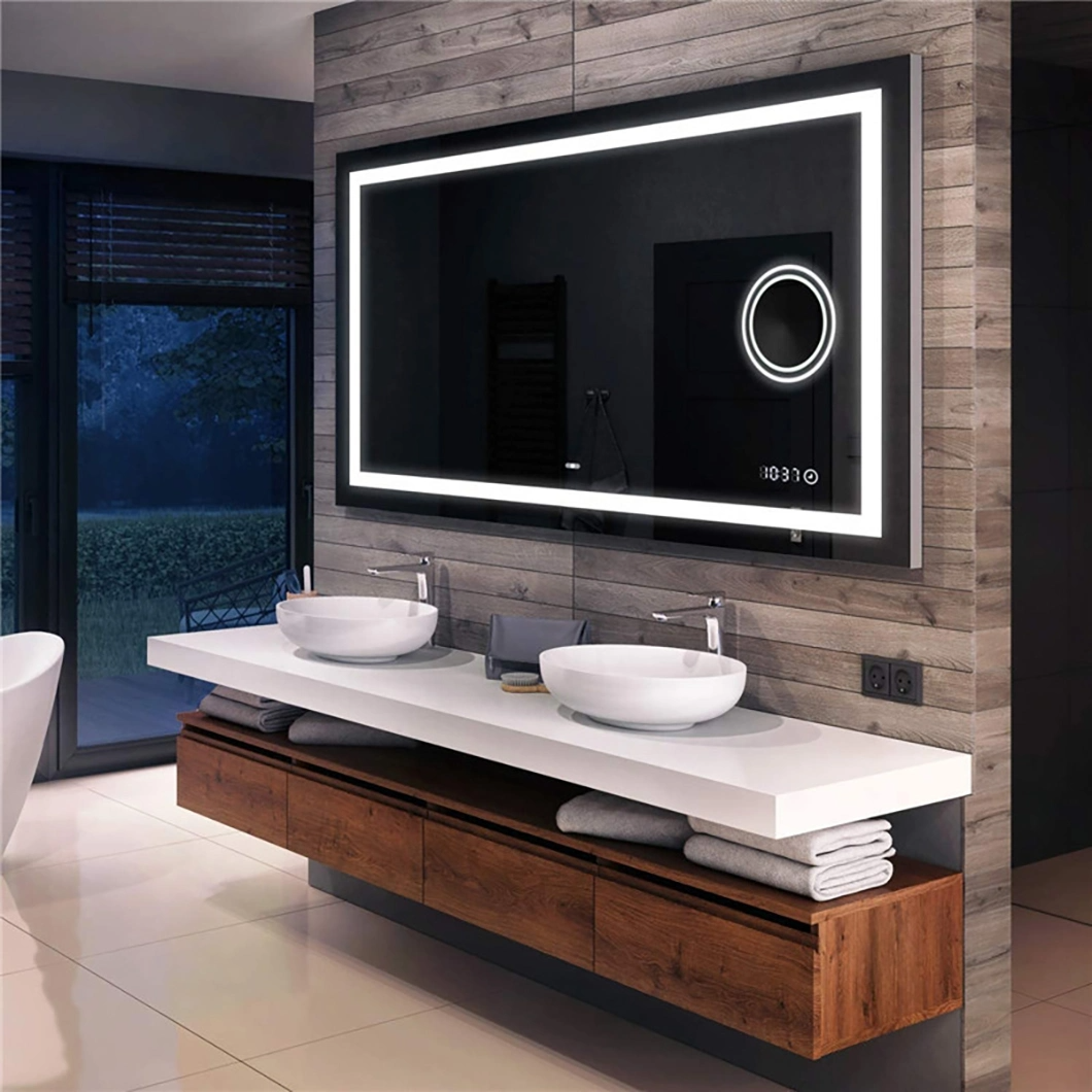 Nhà cung cấp sỉ nhà máy Làm mờ Trang trí nhà cửa Nội thất thẩm mỹ viện Gương trang điểm thông minh LED treo tường lớn chống sương mù với độ phóng đại 3 hoặc 5 lần