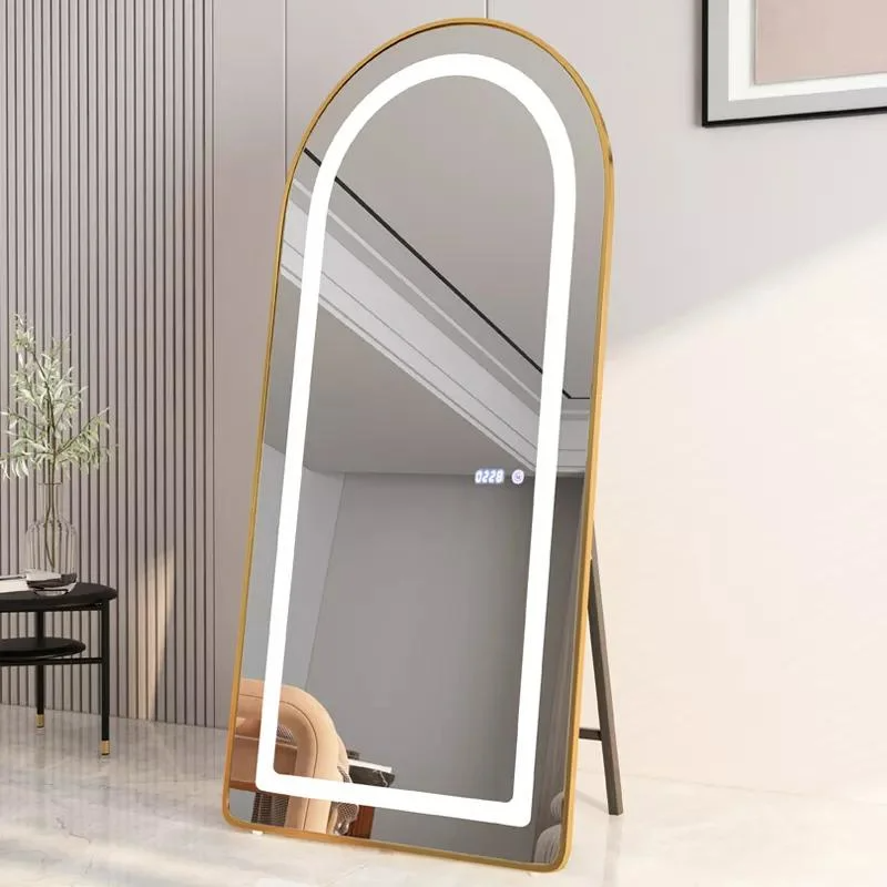 Khung hợp kim nhôm Gương soi sàn hình vòm Trang trí phòng khách và phòng ngủ Gương soi toàn thân Gương trang điểm có đèn LED